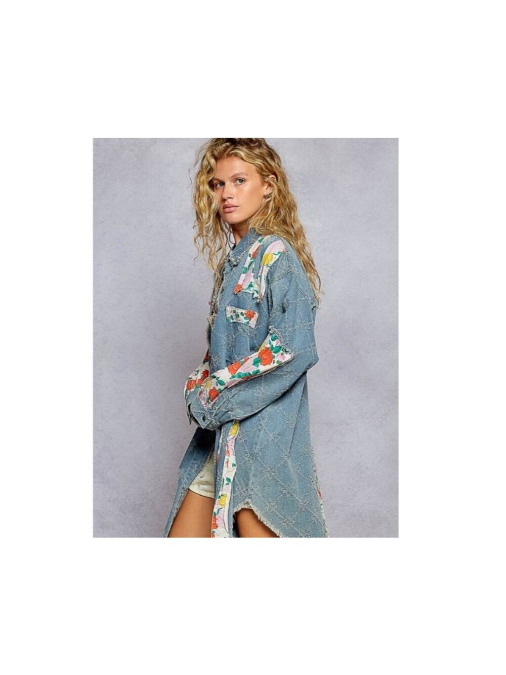 POL Womens Diamond Fringe Denim Jacket Size Medium Blue Floral Patchwork Boho - Picture 3 of 9